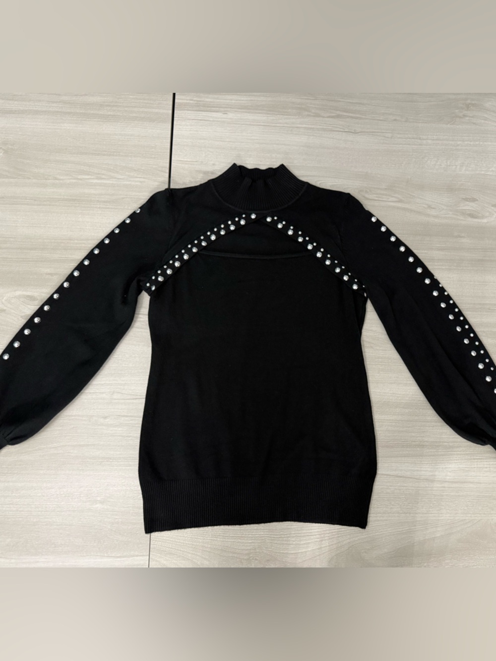 Rains Black Stud-Embellished Mock Neck Sweater Sz L